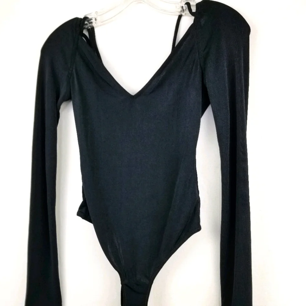 Free People Bodysuit Don't Be Cross Black V-neck Long Sleeve Size XS New